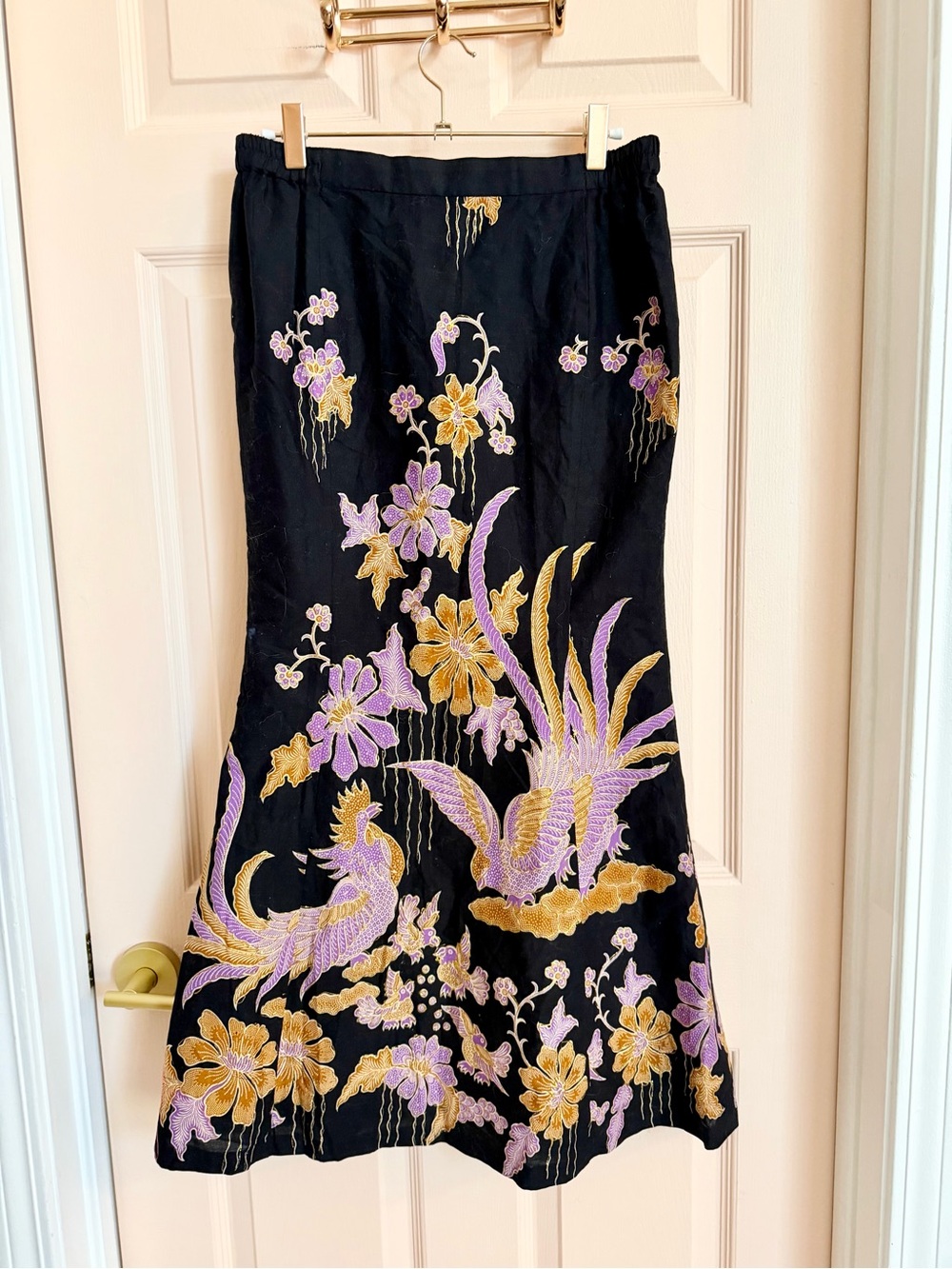 Vintage Black Skirt with Gold and Lavender Embroidered Floral Motif